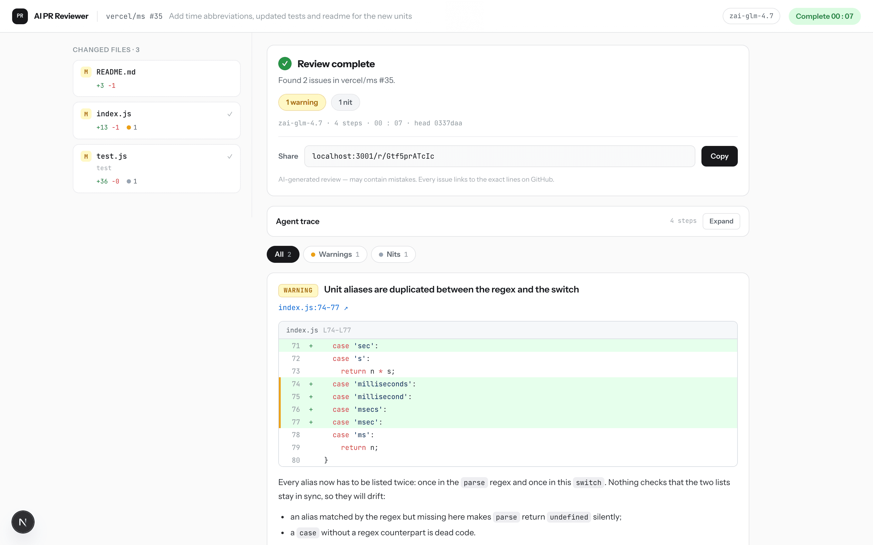 AI PR Reviewer: a completed review with severity summary and an issue pinned to a diff.