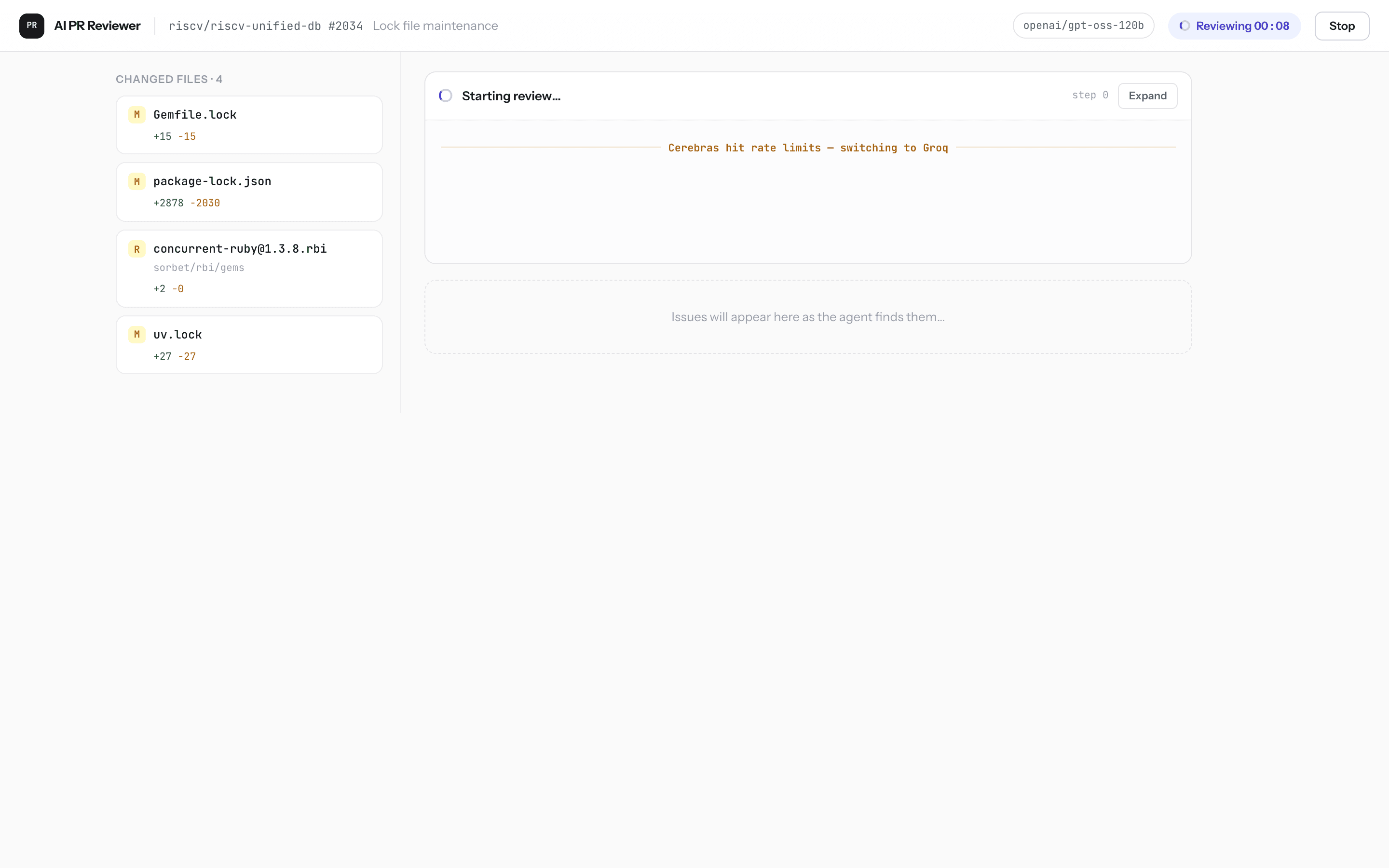 The agent console reporting a provider failover — Cerebras rate-limited, switching to Groq — mid-review.