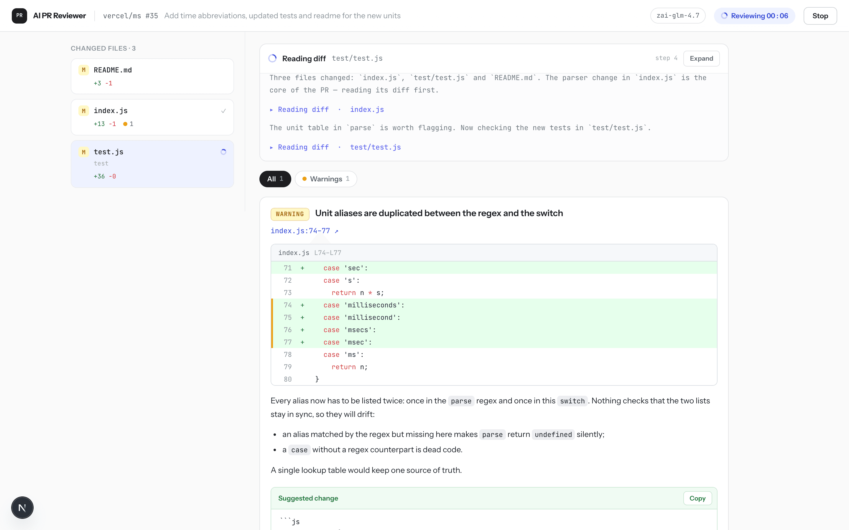 The review workspace mid-run: the agent console narrating tool calls while an issue card streams in.